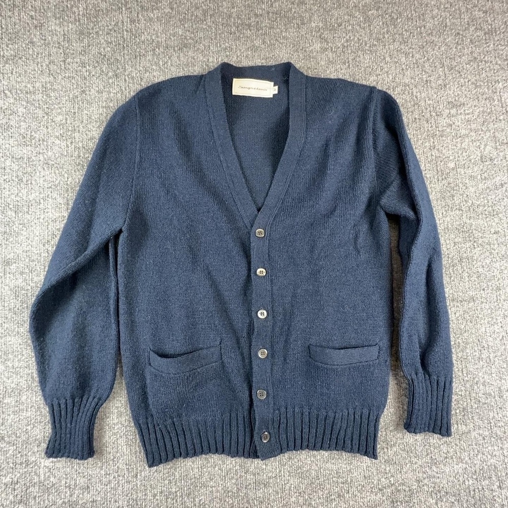 Vintage Sanger-Harris Sweater Mens Medium Blue Button Cardigan Knit Pockets